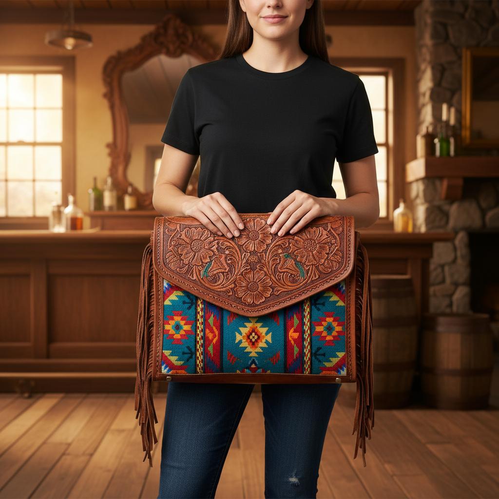Bold rustic leather handbag with hand-tooled leather and vibrant Aztec embroidery standing out against a simple outfit of black tee and jeans in a saloon-style setting.