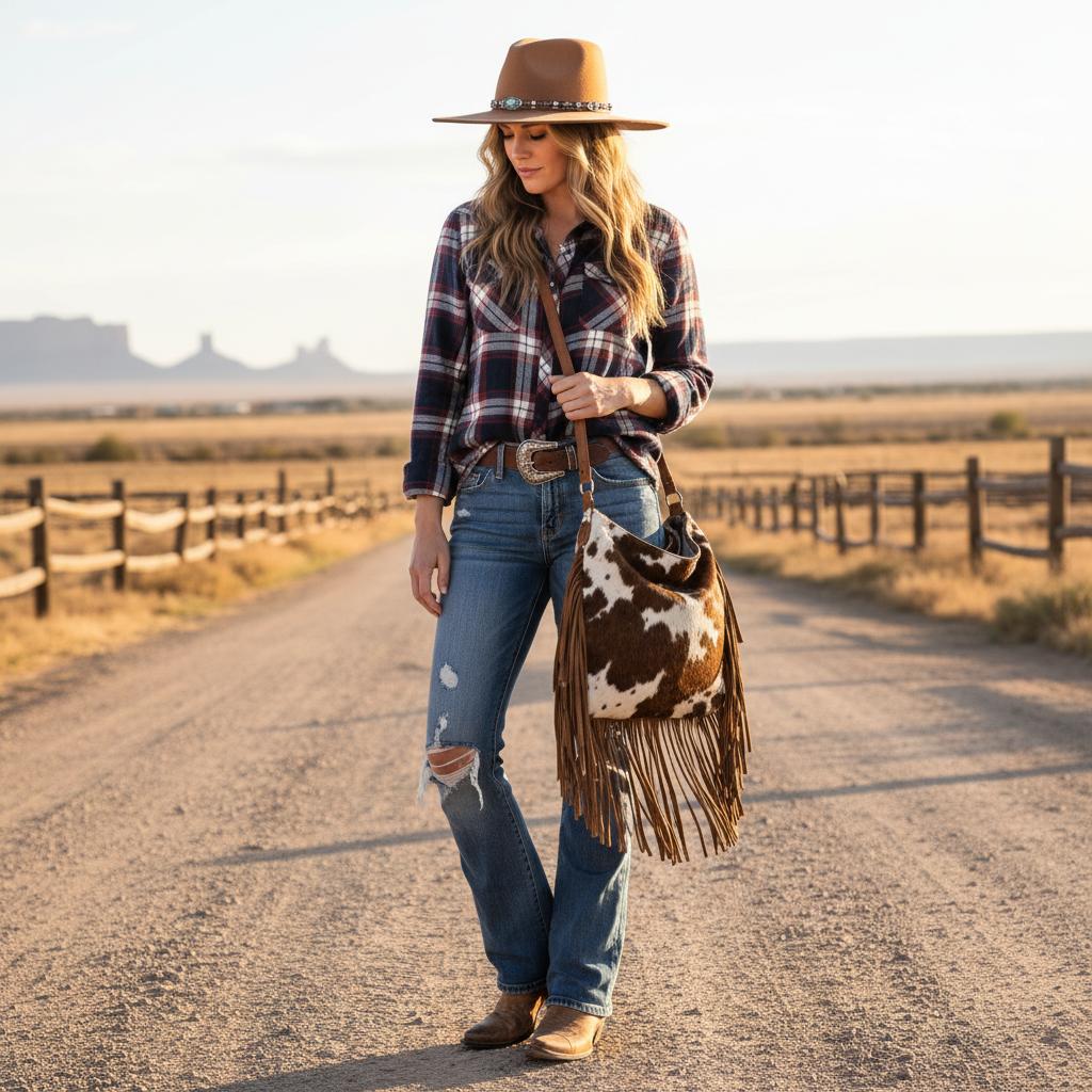 Casual boho cowgirl look with bootcut jeans, half-tucked plaid shirt, western buckle belt, cowboy boots, and a medium-sized cowhide leather bag with fringe details.