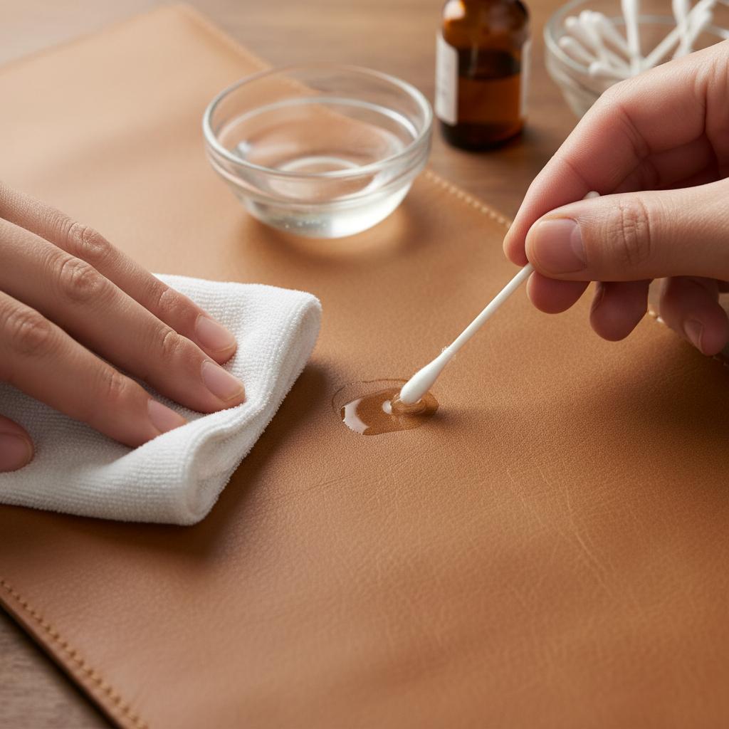Close-up of someone blotting a leather stain with a soft cloth, with a cotton swab dipped in diluted vinegar or rubbing alcohol for stain treatment.