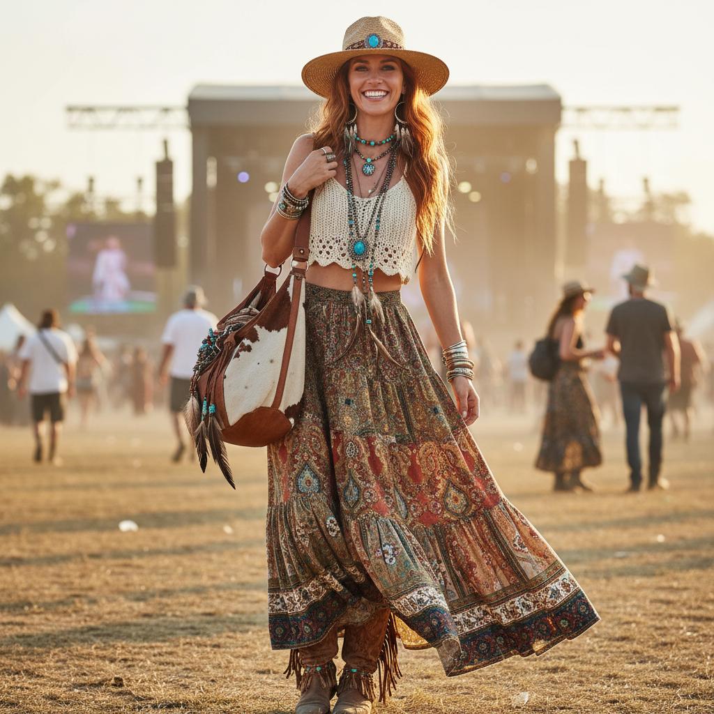 Festival-ready boho look with crochet top, tiered maxi skirt, feather and turquoise jewelry, floppy hat, and a soft slouchy hobo leather bag combining leather, canvas, and hide patches.