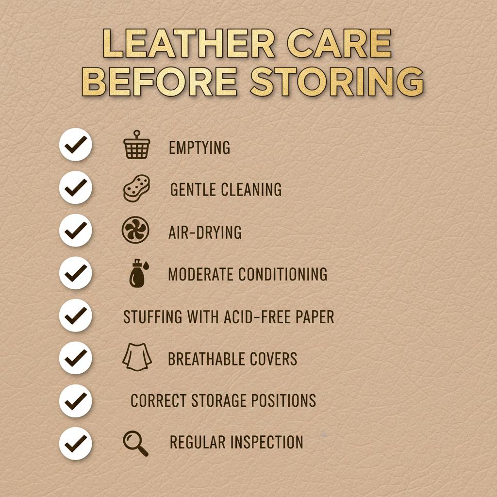 Leather care checklist before storing: emptying, cleaning gently, air-drying, conditioning moderately, stuffing, breathable covers, proper storage, inspection