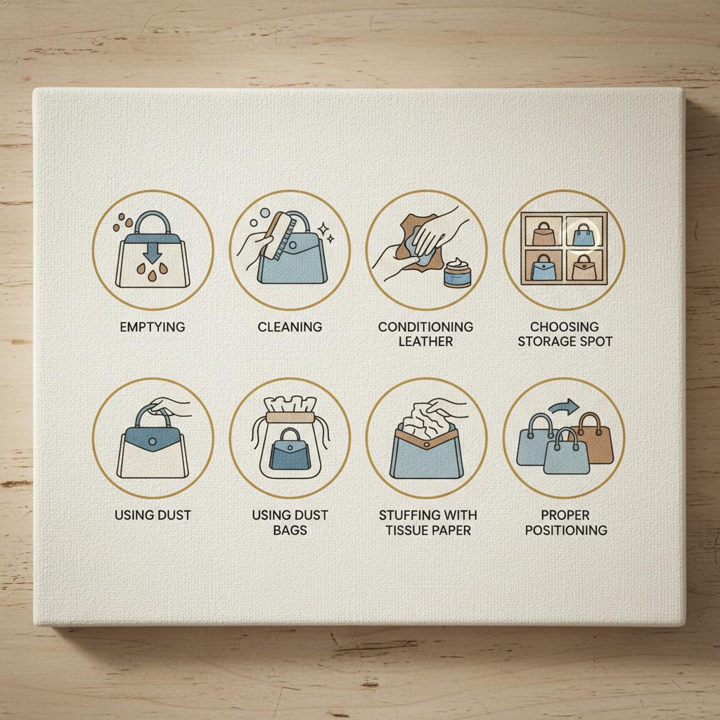 7 essential steps to store leather handbags: emptying, cleaning, conditioning, choosing spot, dust bags, stuffing, positioning