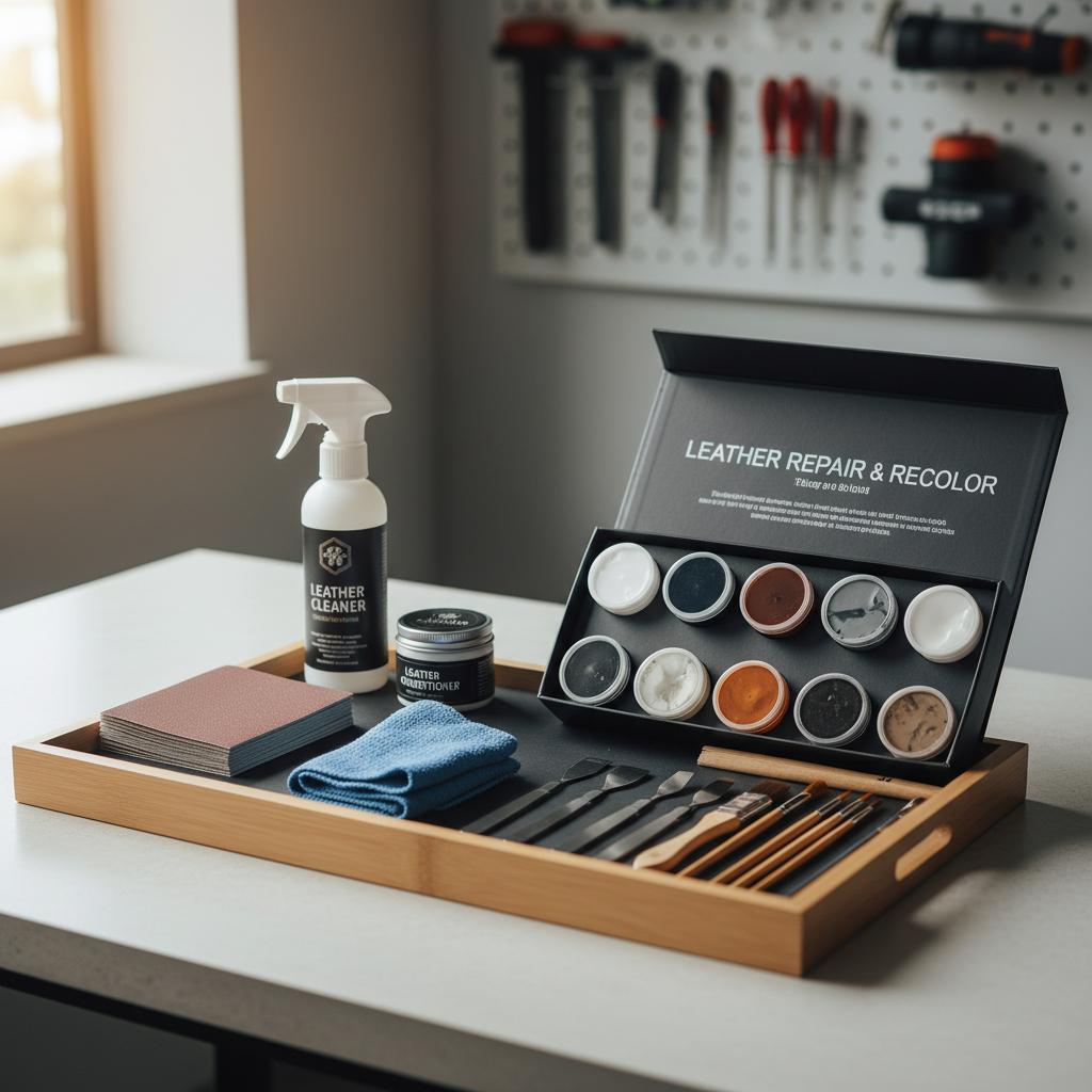 A neatly arranged toolkit for DIY leather repair, featuring leather cleaner, microfiber cloths, conditioner, sandpaper, repair kit with fillers and colorants, palette knives, and brushes.