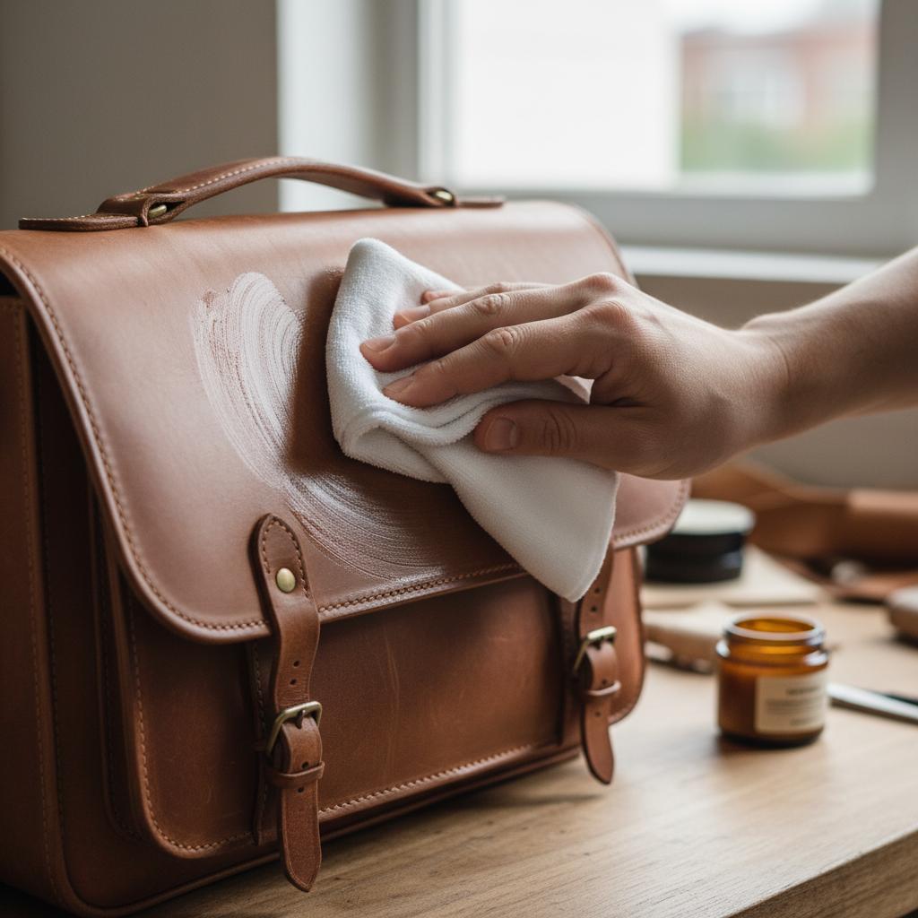A person applying leather conditioner to a bag with a soft cloth in circular motions, showing care and technique.