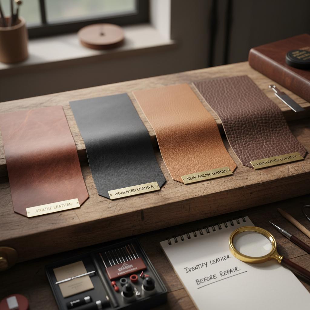 A set of different leather types (aniline, pigmented, semi-aniline, faux) displayed with labels and subtle textures, highlighting the need to identify leather type before repair.
