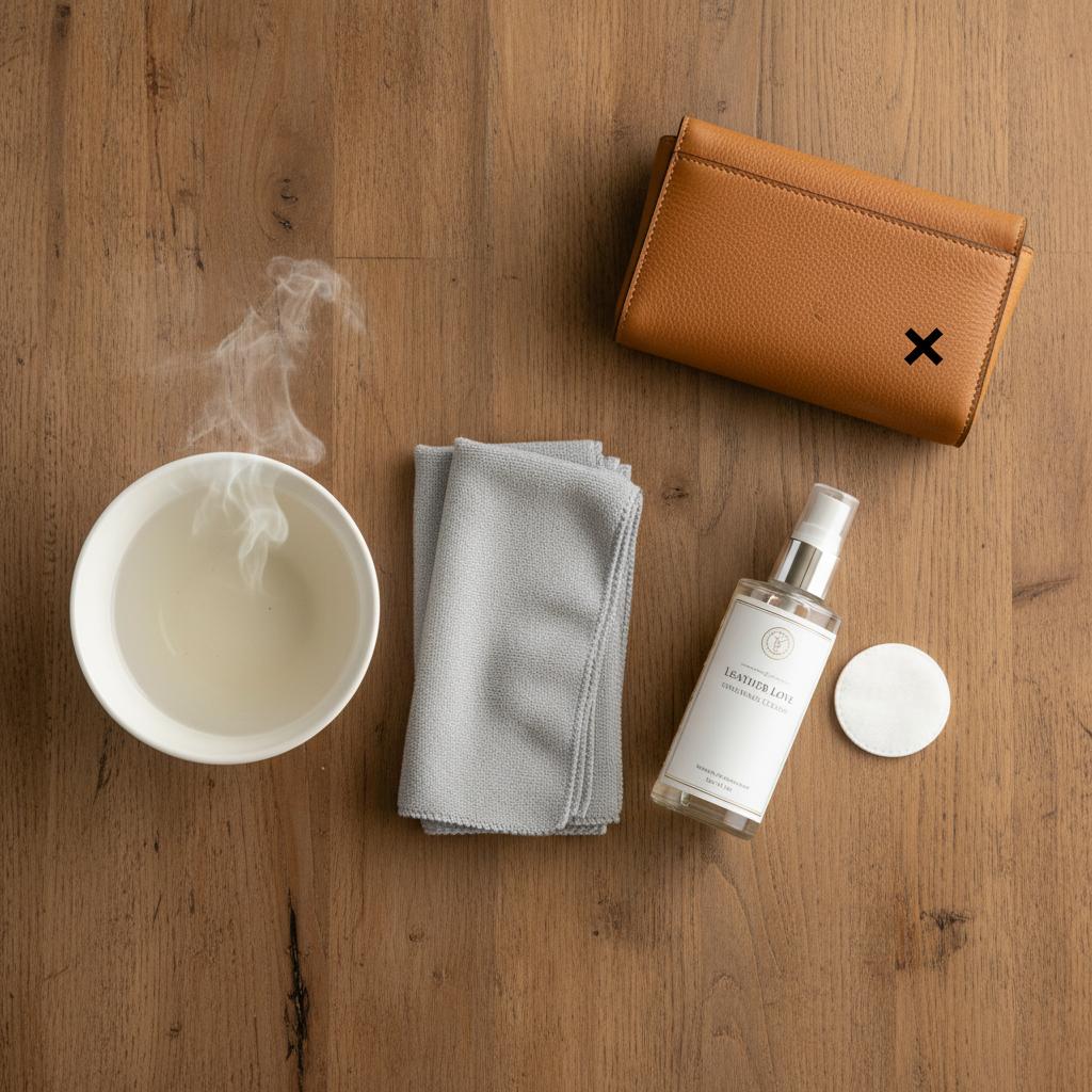 A step-by-step visual of cleaning a leather bag: using a soft cloth and gentle leather cleaner to remove dirt and grime.