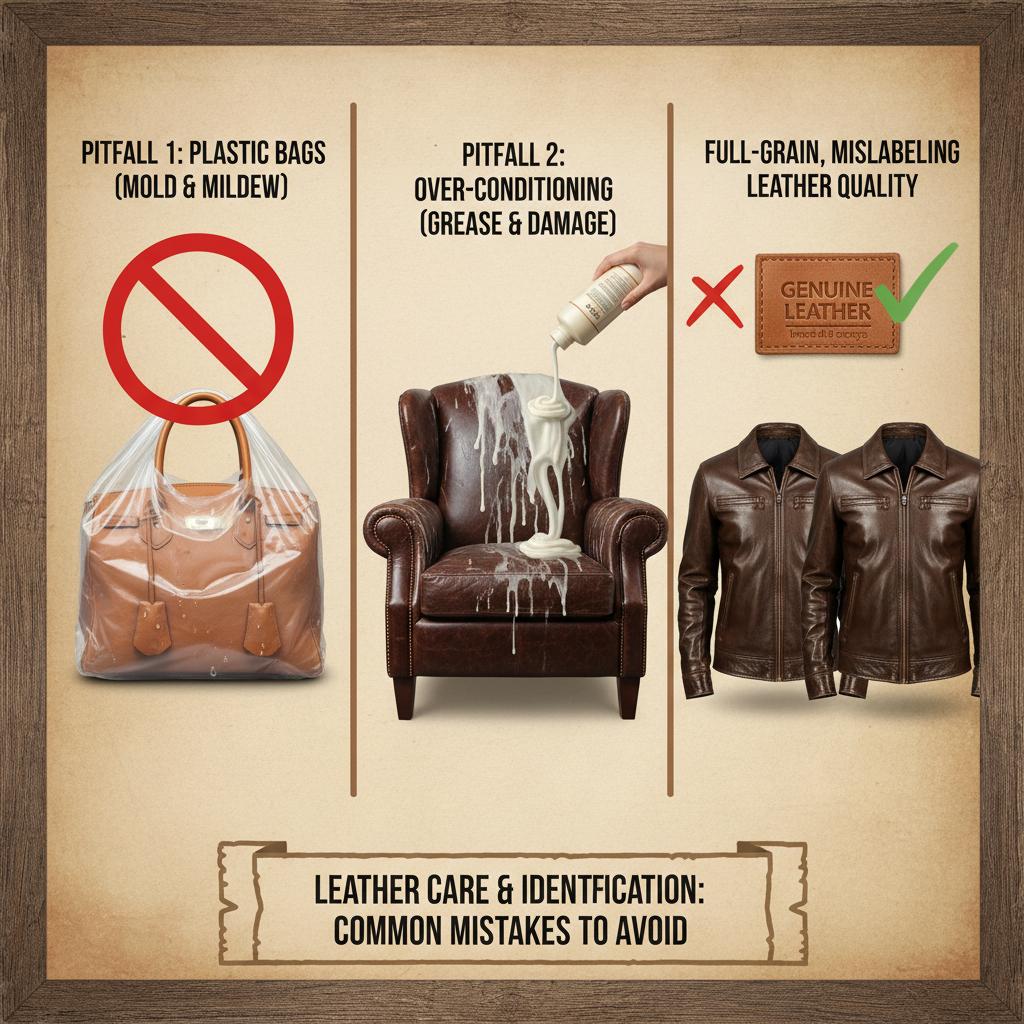 Common pitfalls to avoid in leather bag storage: plastic bags, over-conditioning, mislabeling leather quality