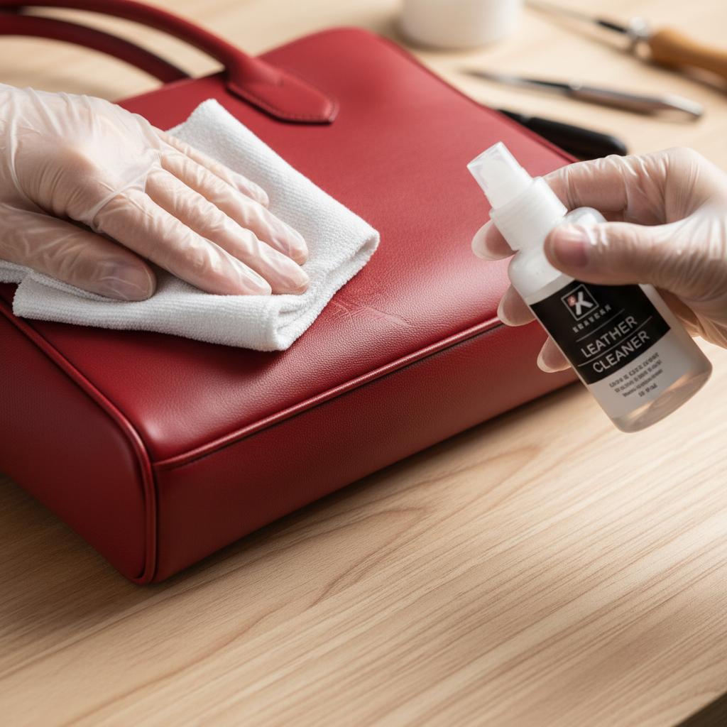 Step-by-step visual guide showing cleaning, conditioning, buffing, sanding, applying filler and colorant to a scratched leather purse or handbag, depicting the repair process clearly.