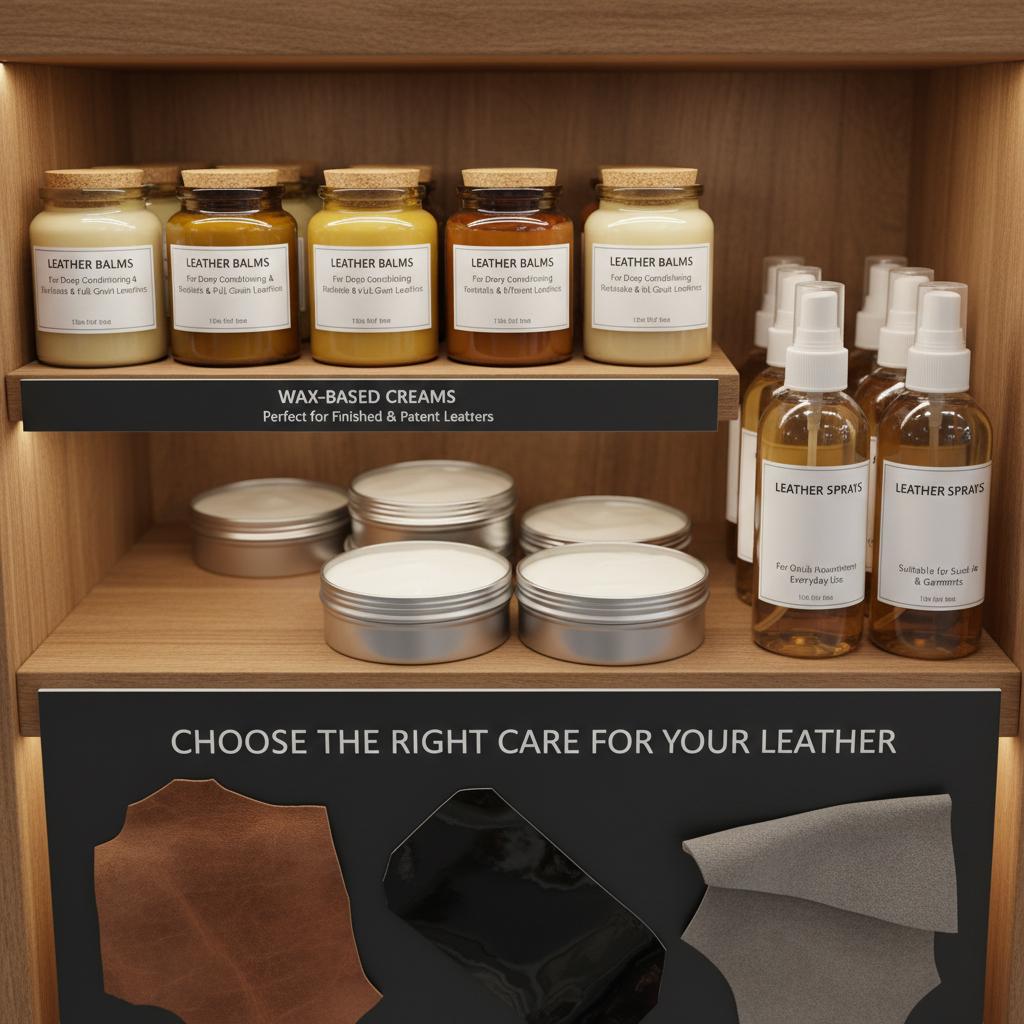 Various leather conditioners displayed with labels: balms, wax-based creams, sprays, highlighting the difference for types of leather.