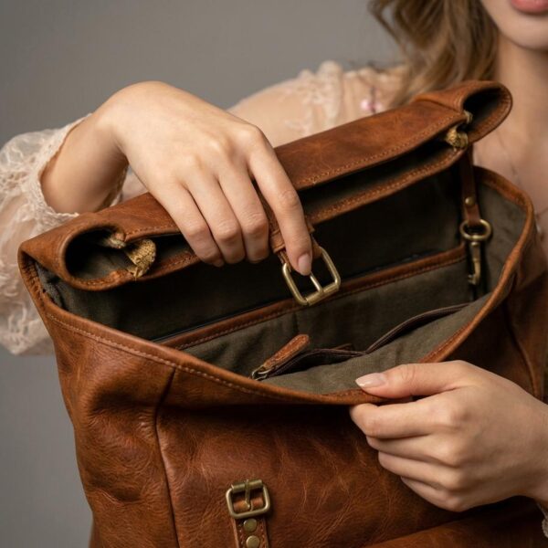 Amer Roll-Top Full-Grain Leather Backpack – Western-Modern Handcrafted Travel Pack - 9