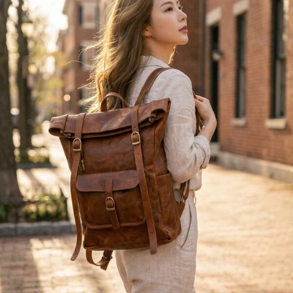 Amer Roll-Top Full-Grain Leather Backpack – Western-Modern Handcrafted Travel Pack - 8