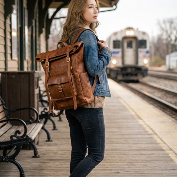 Amer Roll-Top Full-Grain Leather Backpack – Western-Modern Handcrafted Travel Pack - 6