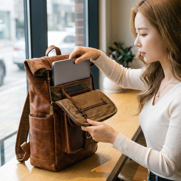 Amer Roll-Top Full-Grain Leather Backpack – Western-Modern Handcrafted Travel Pack - 10