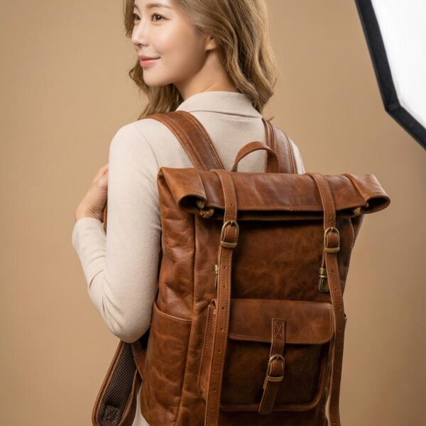 Amer Roll-Top Full-Grain Leather Backpack – Western-Modern Handcrafted Travel Pack - 7