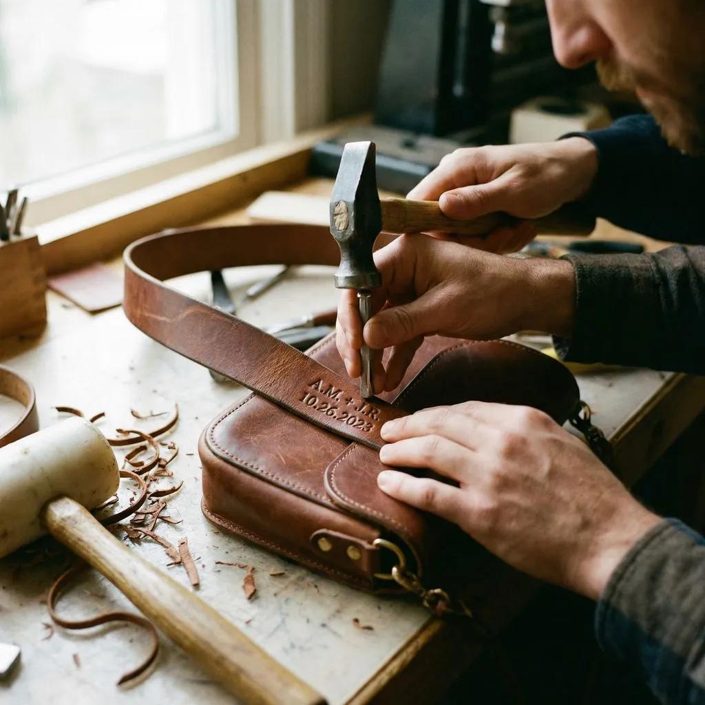 A close-up image of hands embossing initials or a special date onto a leather purse or belt, highlighting the personalization process of leather gifts.