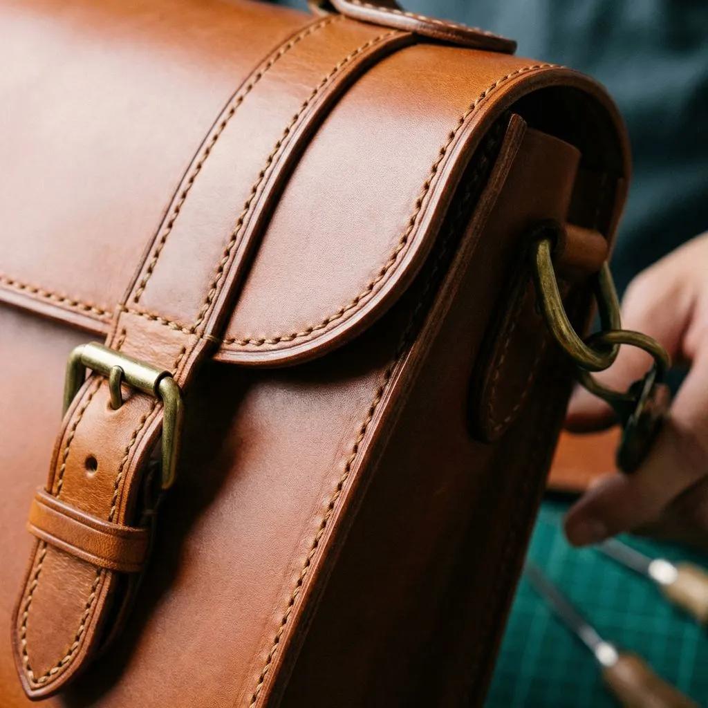 A detailed shot of expert craftsmanship on a leather handbag featuring even double stitching, durable brass hardware, and smooth burnished edges, highlighting attention to detail.