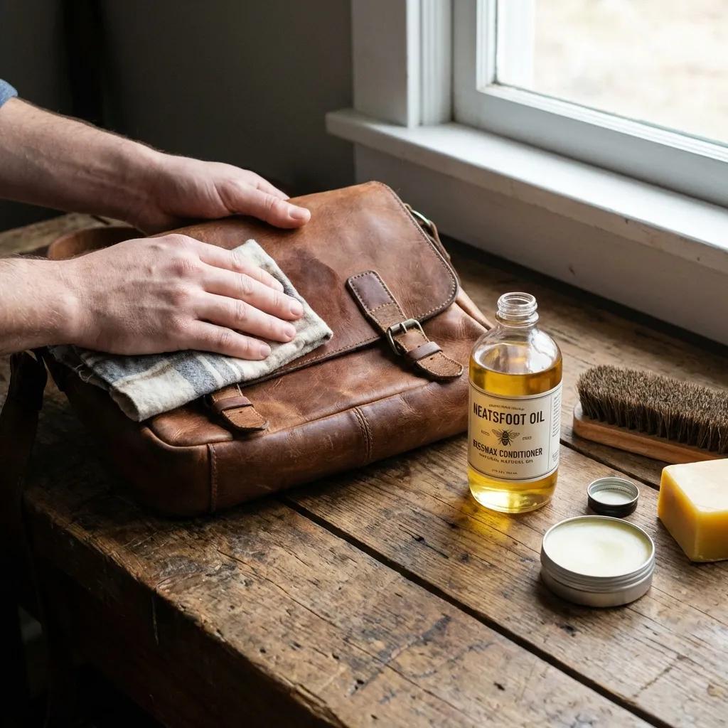 A leather care setup showing natural oils, soft cloth, and a leather bag being gently cleaned or conditioned, symbolizing the longevity and aftercare practices of quality leather goods.