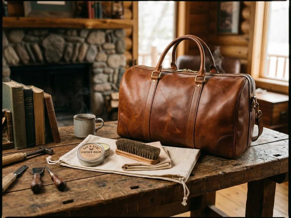 A neatly arranged leather care kit next to a well-maintained custom leather bag, including conditioner, soft cloth, and dust cover, set in a cozy rustic environment representing longevity and care.