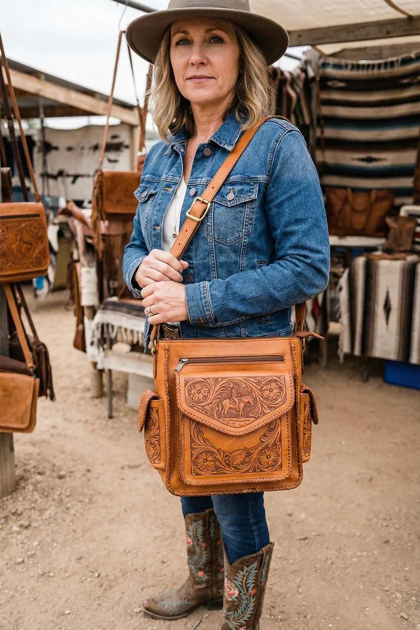 A stylish Western woman carrying a functional custom leather handbag, showing the bag’s shape, pockets, adjustable straps, and Western-style hand-tooled floral or cowboy-themed designs.