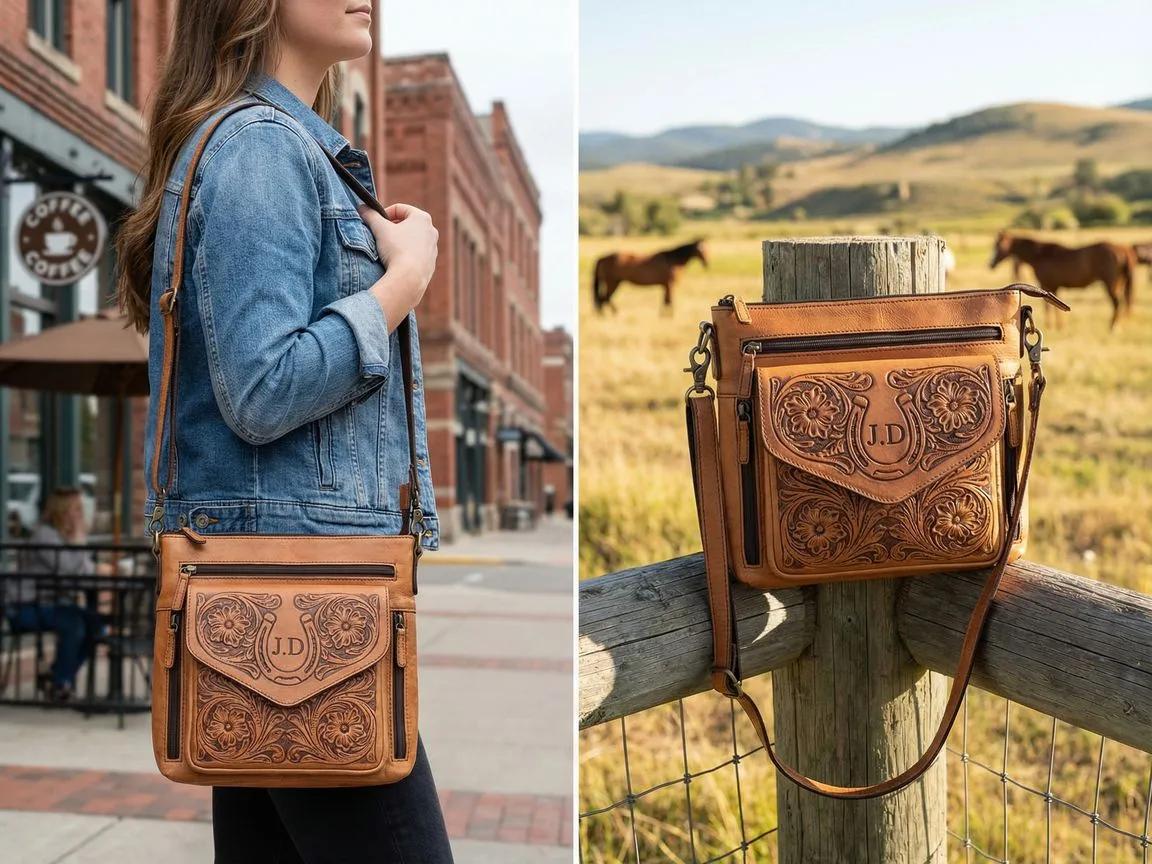 A stylish engraved leather handbag or monogrammed purse in a modern Western design, showing practical features like adjustable straps and compartments, set in both city and rustic outdoor backgrounds.