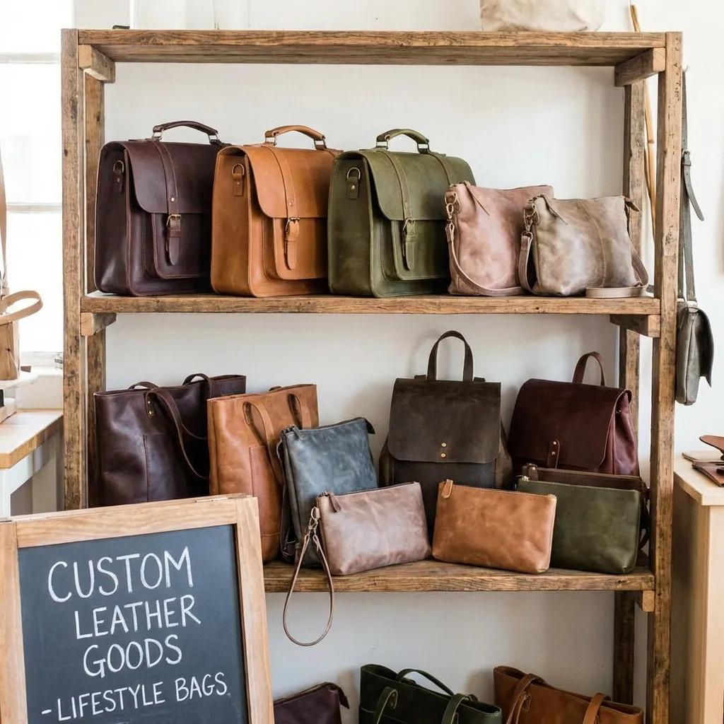 A variety of custom leather bag styles displayed, including structured satchels and soft crossbody bags, highlighting different shapes and functions suited for lifestyle needs.