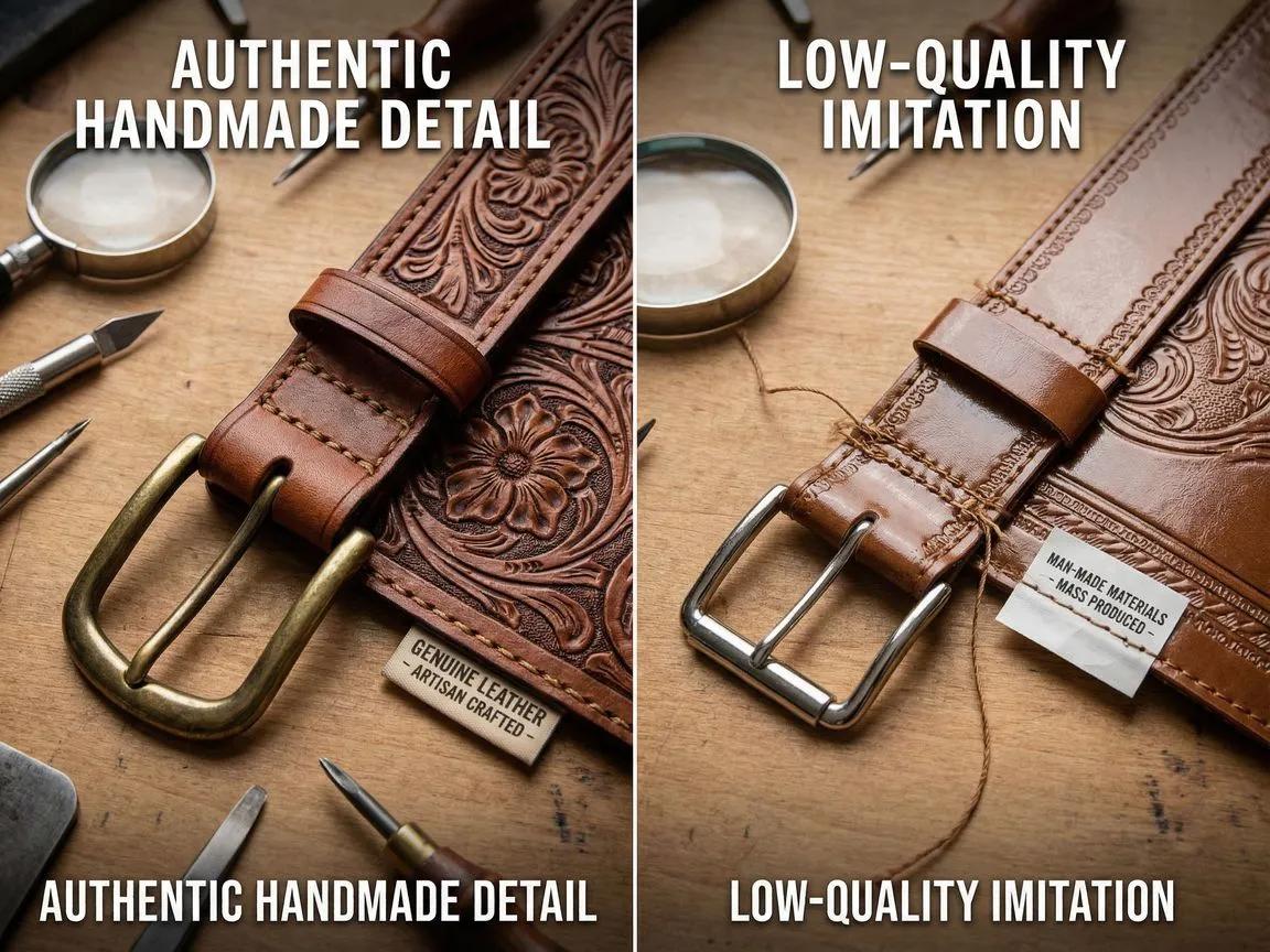 A visual comparison of authentic handmade Western bag details versus low-quality bags: highlighting hand-tooling vs machine embossing, solid hardware vs cheap alloys, and solid stitching vs loose threads.