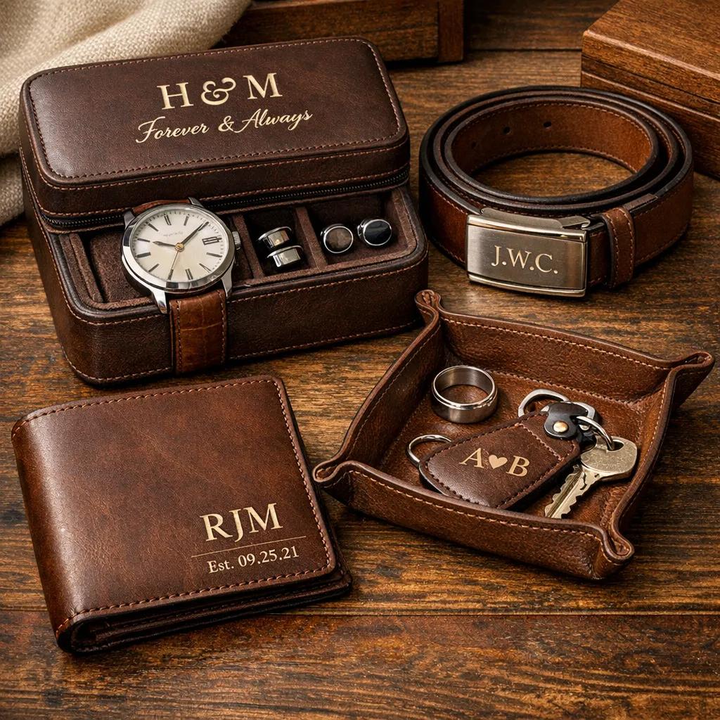 An artistic depiction of a leather wallet, belt, jewelry/watch case, and valet tray arranged stylishly to showcase elegant leather wedding gifts with personalization details like monograms and engravings.