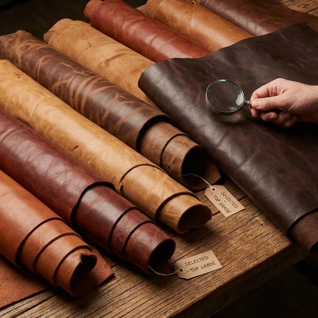 Close-up of premium leather hides with rich textures, highlighting their uniqueness and the selection process for quality materials.