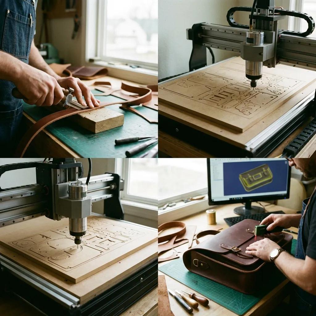 Detailed image of precision pattern making, edge beveling, and hardware placement on a leather bag, blending traditional methods with modern precision.