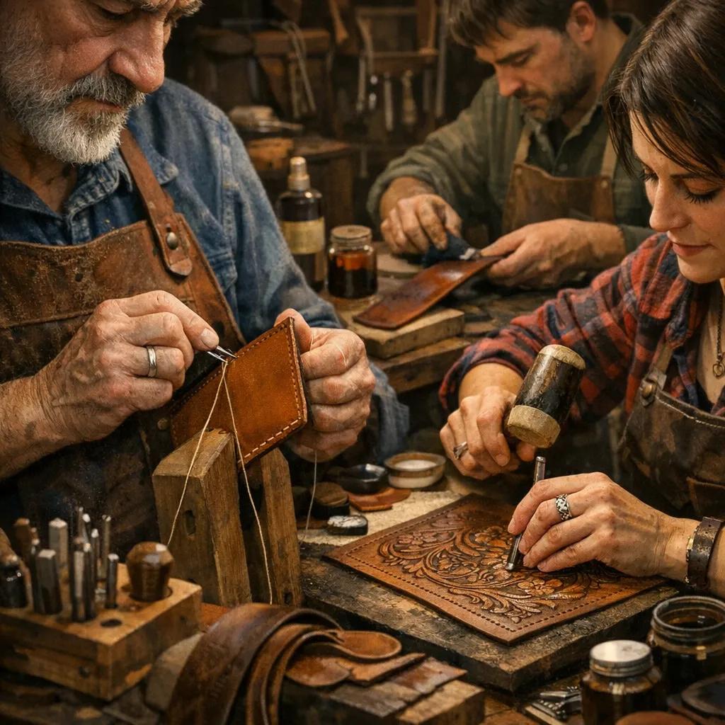Passionate artisans hand saddle stitching and applying finishing touches like dyes and tooling, illustrating dedication to handmade perfection.