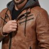 Nocturne Tan Hand-Waxed Bomber — Hooded Full-Grain Leather Jacket - 3