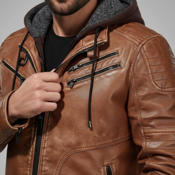 Nocturne Tan Hand-Waxed Bomber — Hooded Full-Grain Leather Jacket - 3