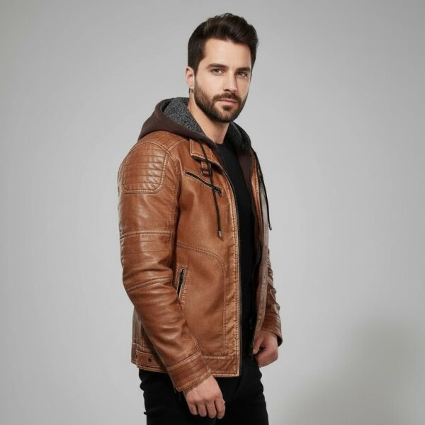 Nocturne Tan Hand-Waxed Bomber — Hooded Full-Grain Leather Jacket - 5