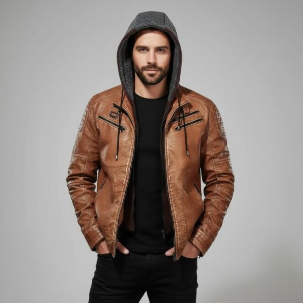 Nocturne Tan Hand-Waxed Bomber — Hooded Full-Grain Leather Jacket - 4